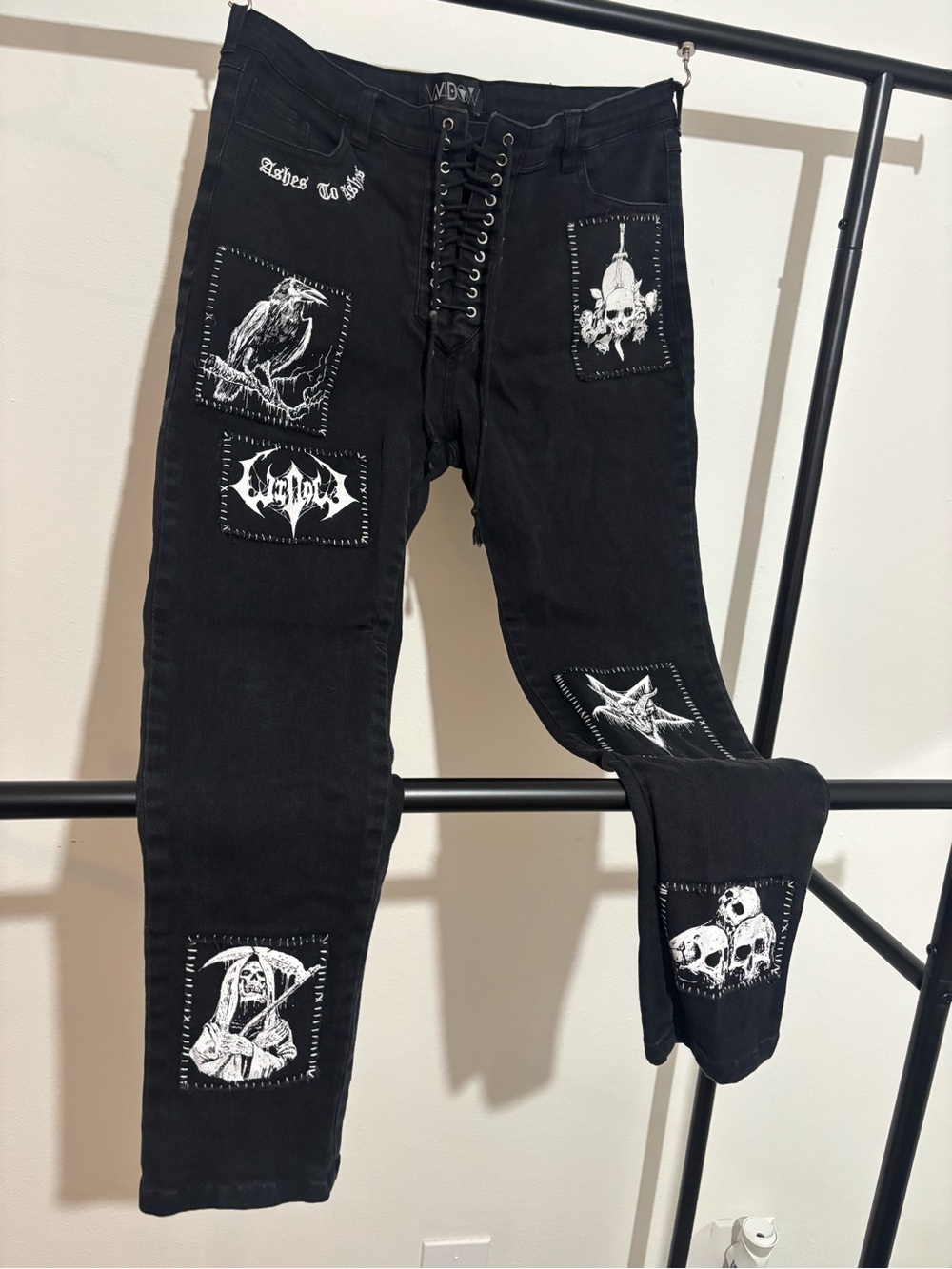 Widow Black Lace-Up Slim Straight Jeans with White Graphic Patches